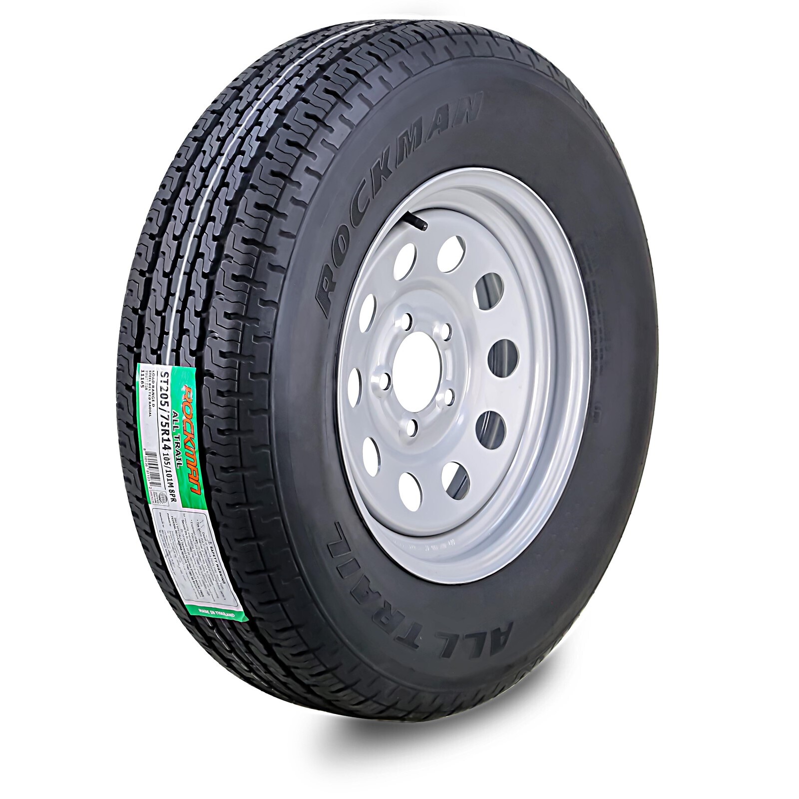 ROCKMAN Trailer Tire Assembly ST205/75R14 8-Ply Silver Mod Rim 5 Lug on 4.5″