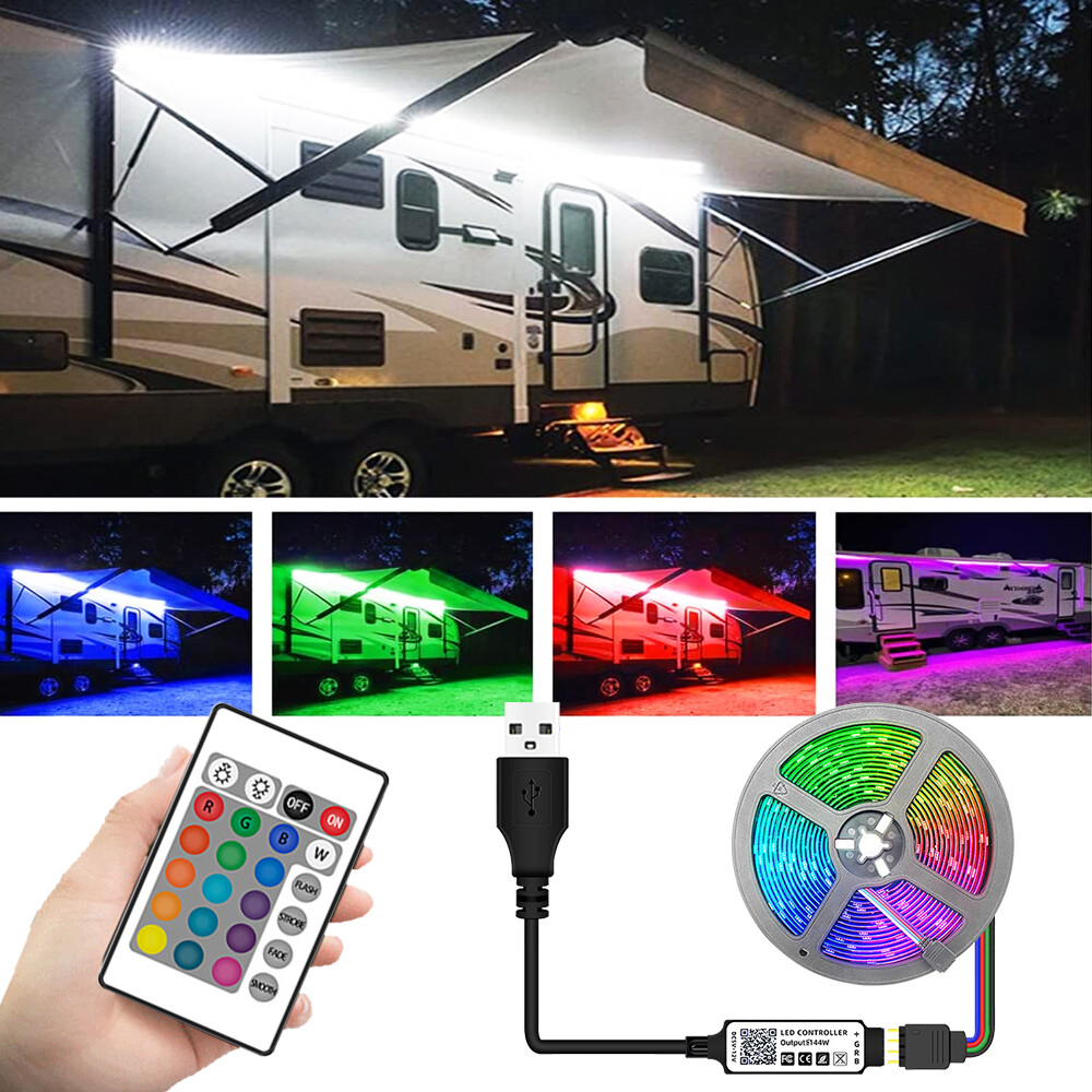 5V For Camper RV 16ft RGB LED Awning Party Light Wireless Remote Controller 5M