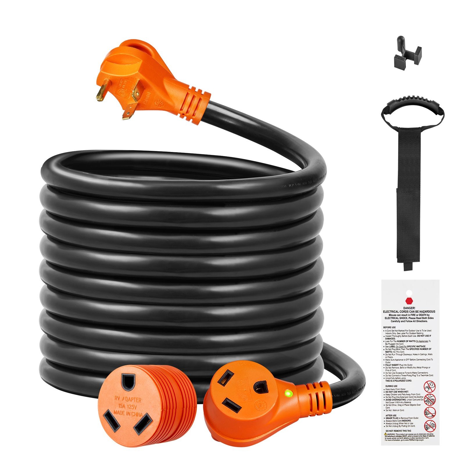 25 ft RV Extension Cord 30A STW NEMA TT-30P to TT-30R LED Handle
