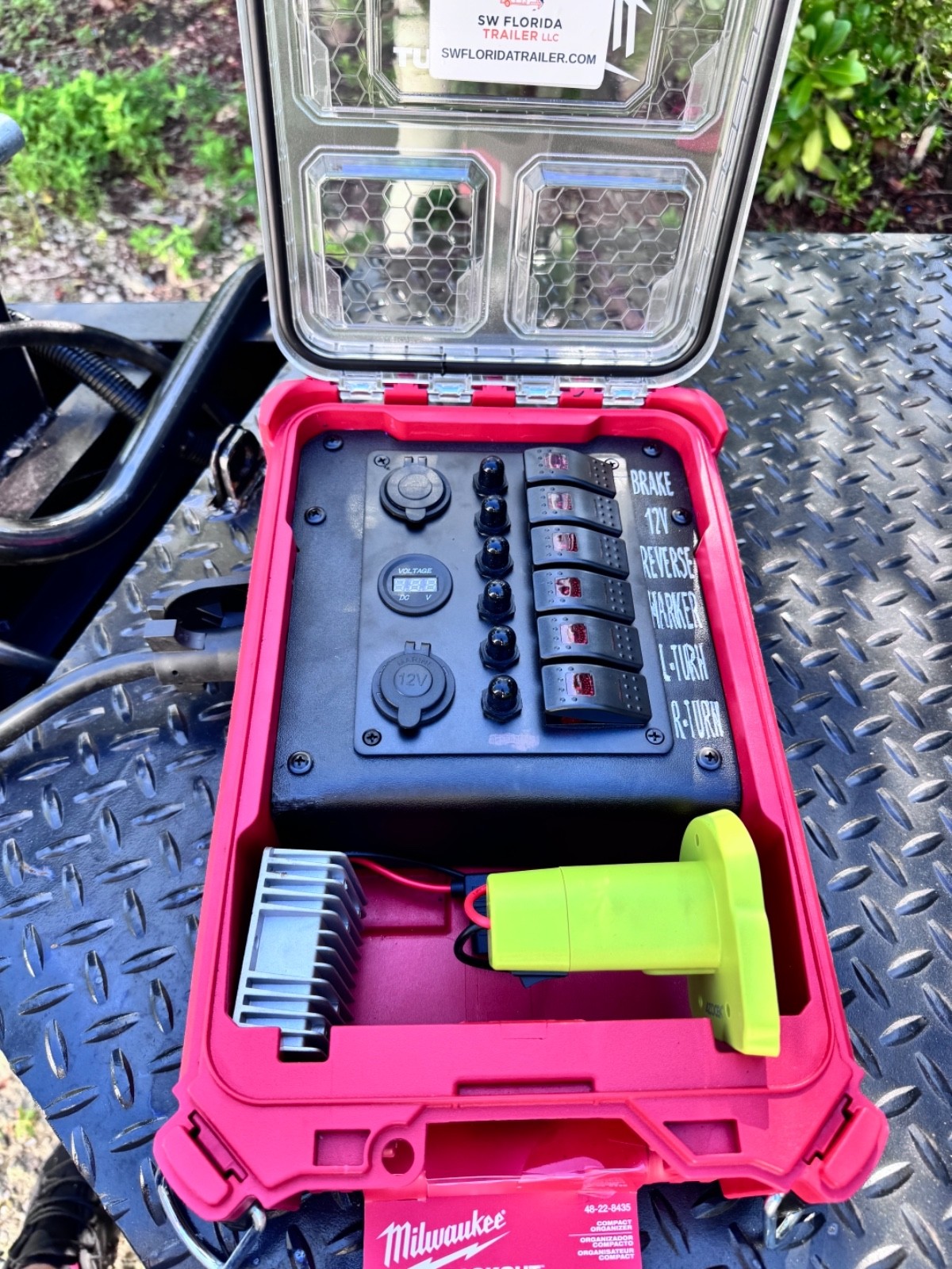 RV Trailer Lights Tester for Ryobi 18v batteries in a Milwaukee pack out box