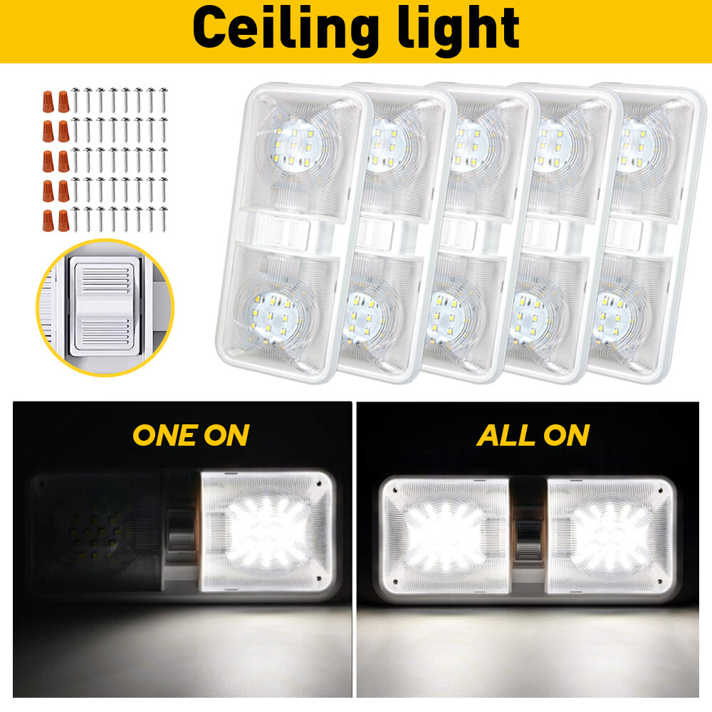 New RV LED 12v Double Dome Light Ceiling Fixture Camper Trailer Marine Motorhome