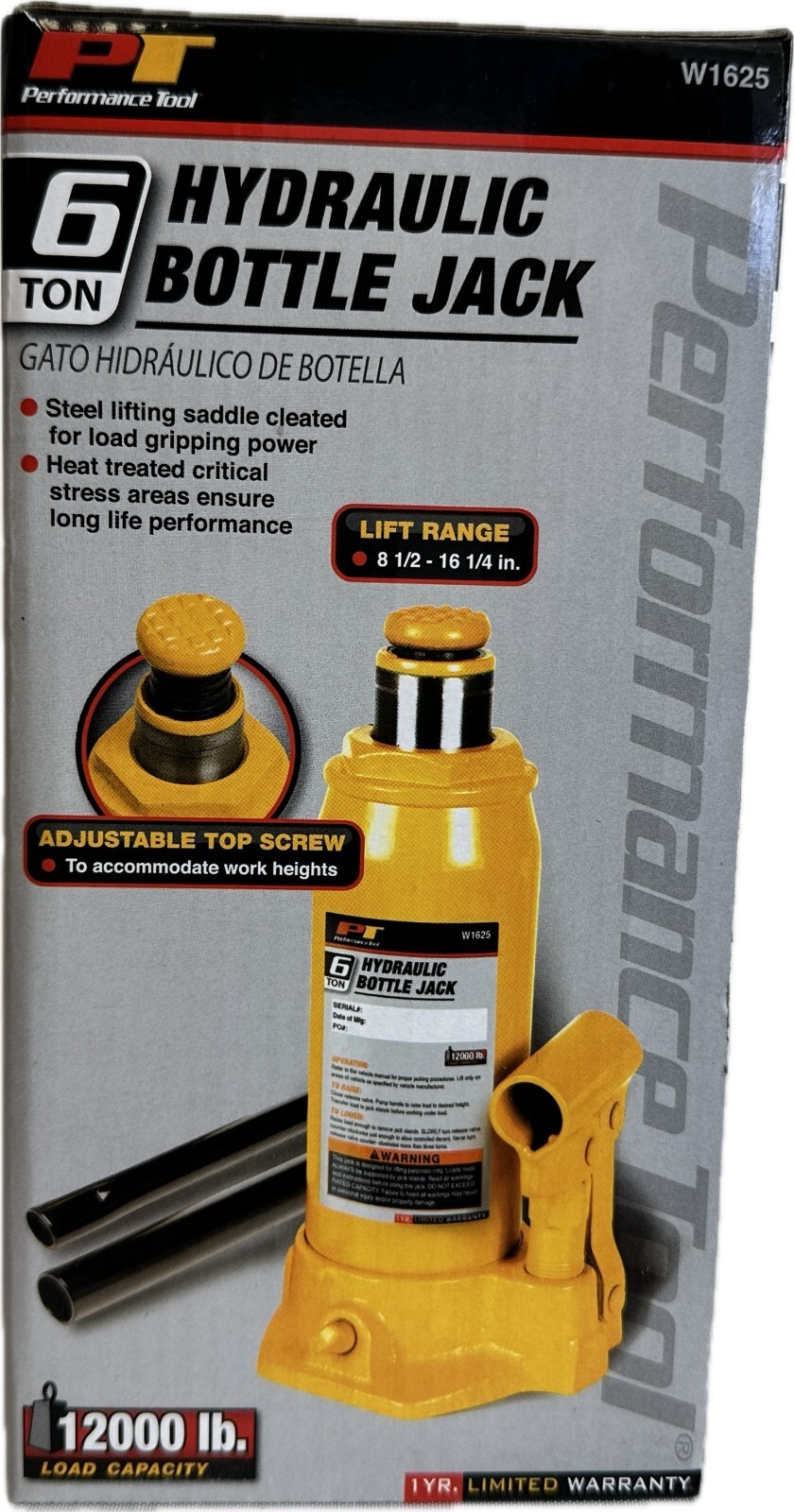 Performance Tool Hydraulic Bottle Jack W1625 6 Ton (New in Box/Unused)