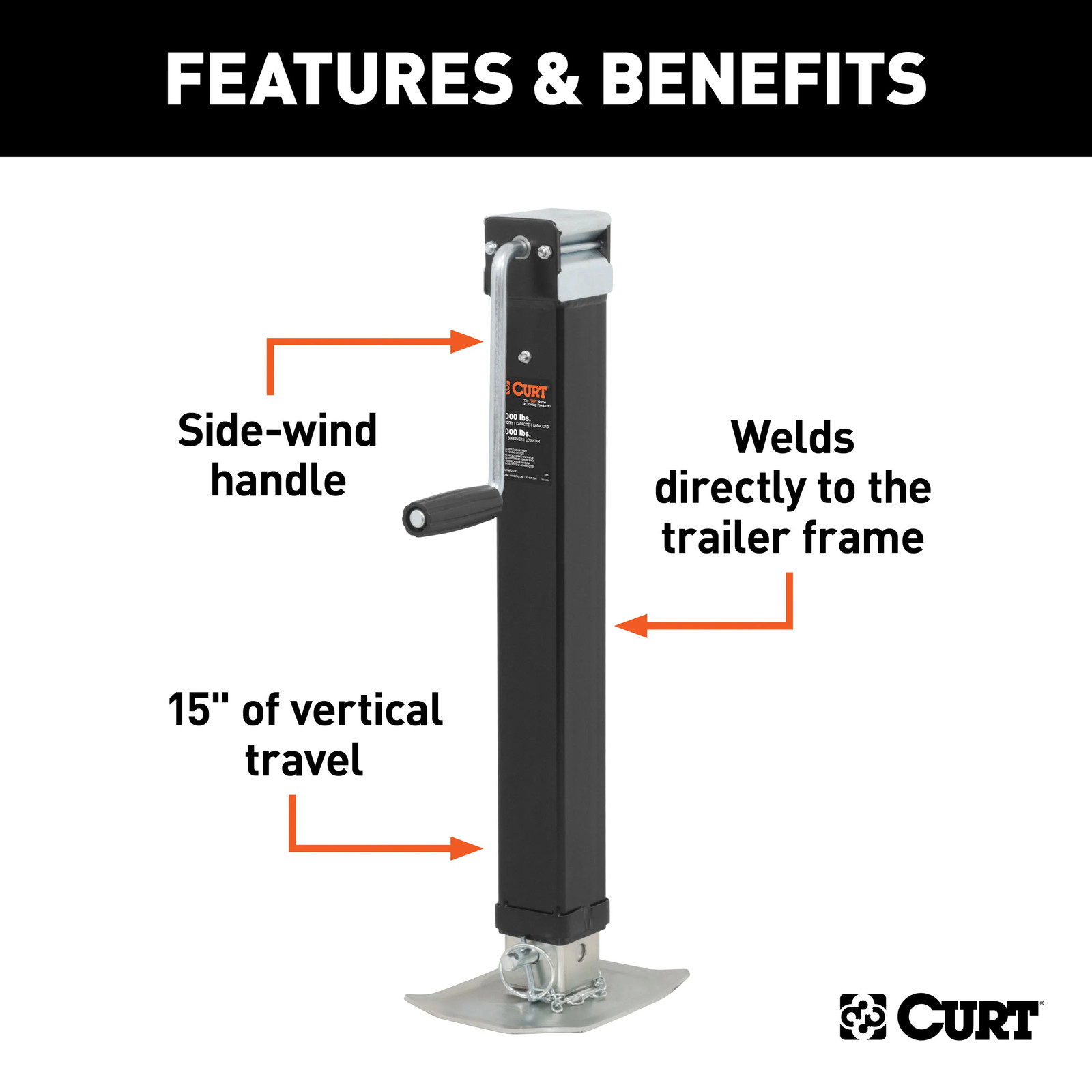 Direct-Weld Square Trailer Jack with Side Handle (8,000 lbs., 15″ Travel) 28575