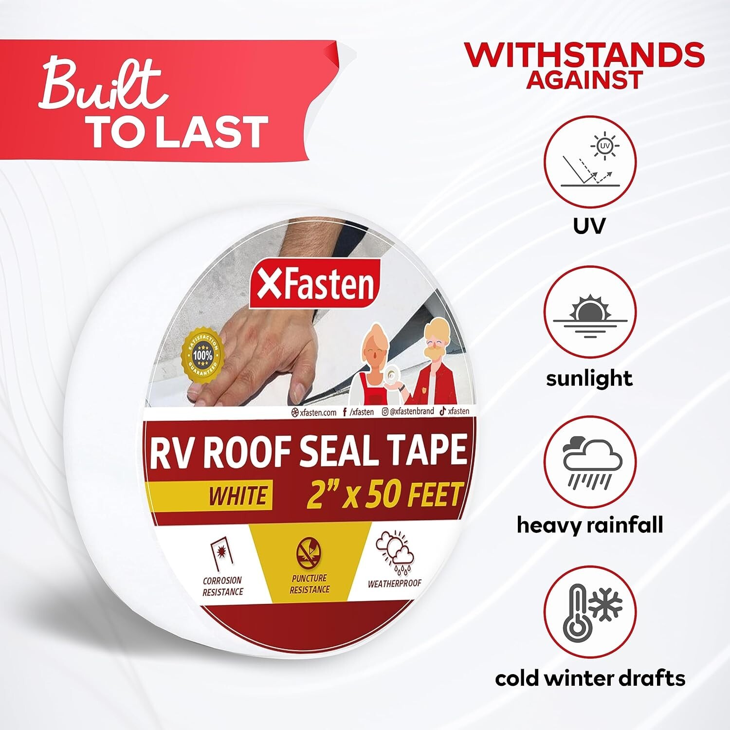 XFasten RV Repair Tape, White, 2-Inches x 50-Foot, Weatherproof RV Rubber Roo…