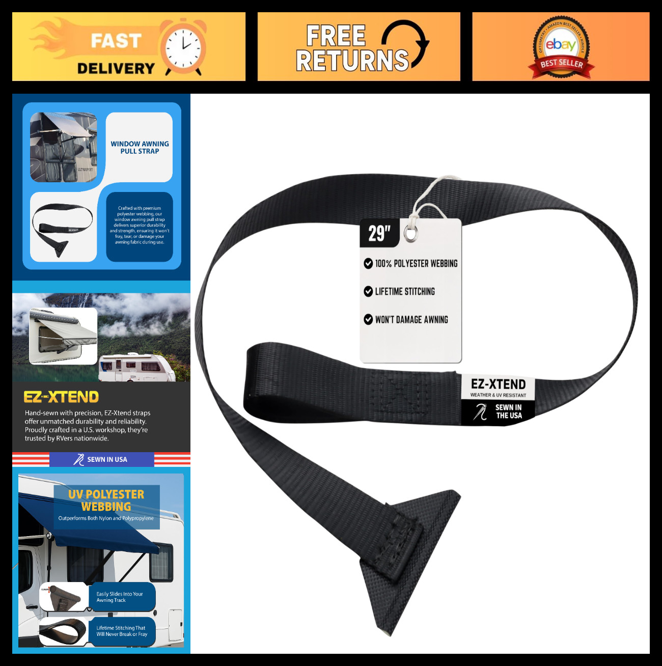 29″ RV Camper Window Awning Pull Strap – UV Polyester, Durable, Easy Operation