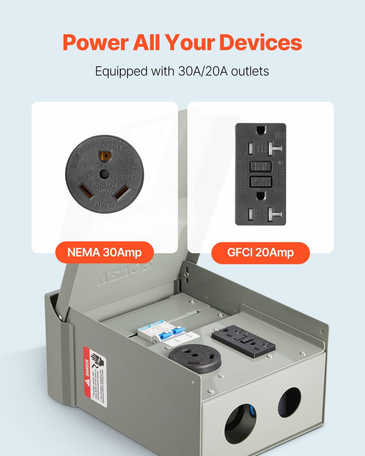 VEVOR Temporary Power Outlet Panel, RV Electrical Breaker 30 20A, Light Grey