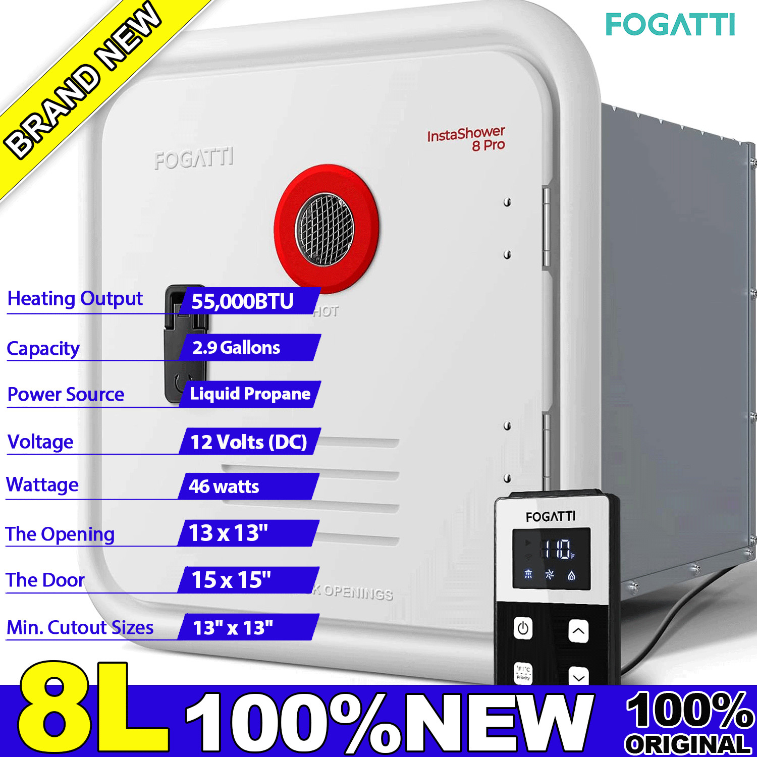 Fogatti InstaShower 8 Pro RV Tankless Water Heater 55,000 BTU w/ 15×15 door