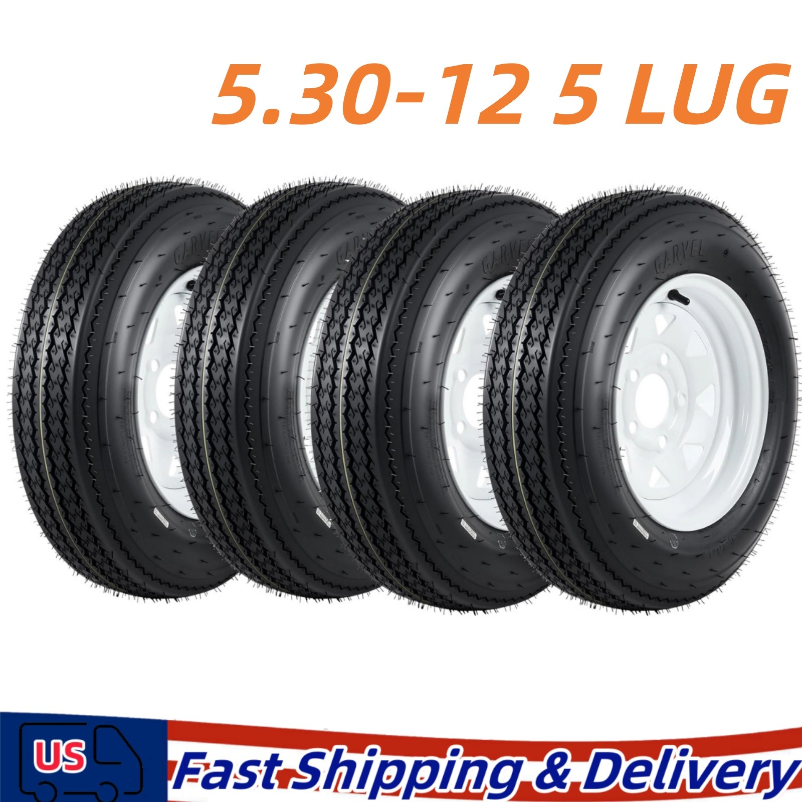 4Pk 5.30-12 5.3×12 6PR w/ 12″ Rims Highway Boat Trailer Tires 5 Lug Load Range C