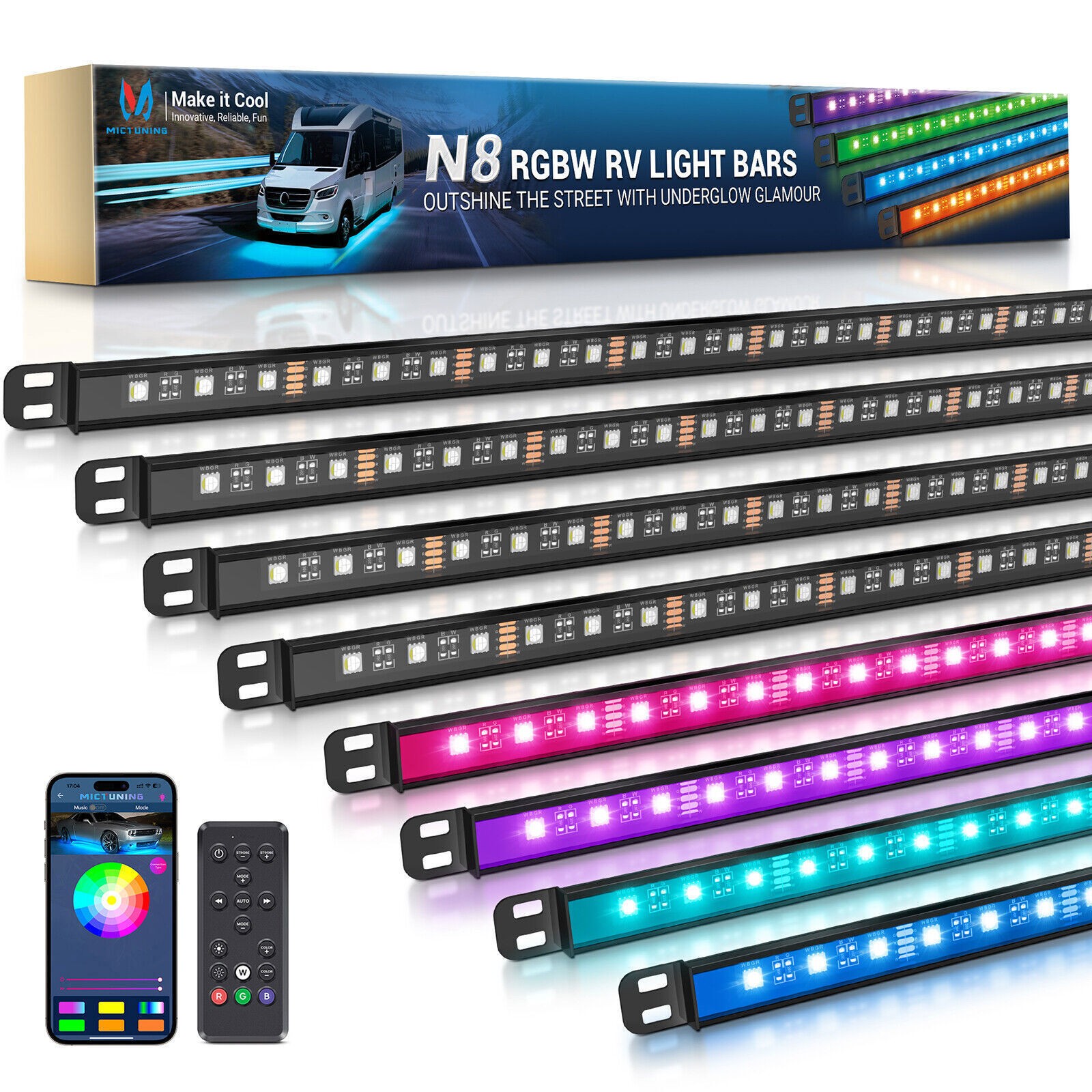 MICTUNING 8PCS RGBW Underglow Light Bars Neon Accent Underbody LED Light strip