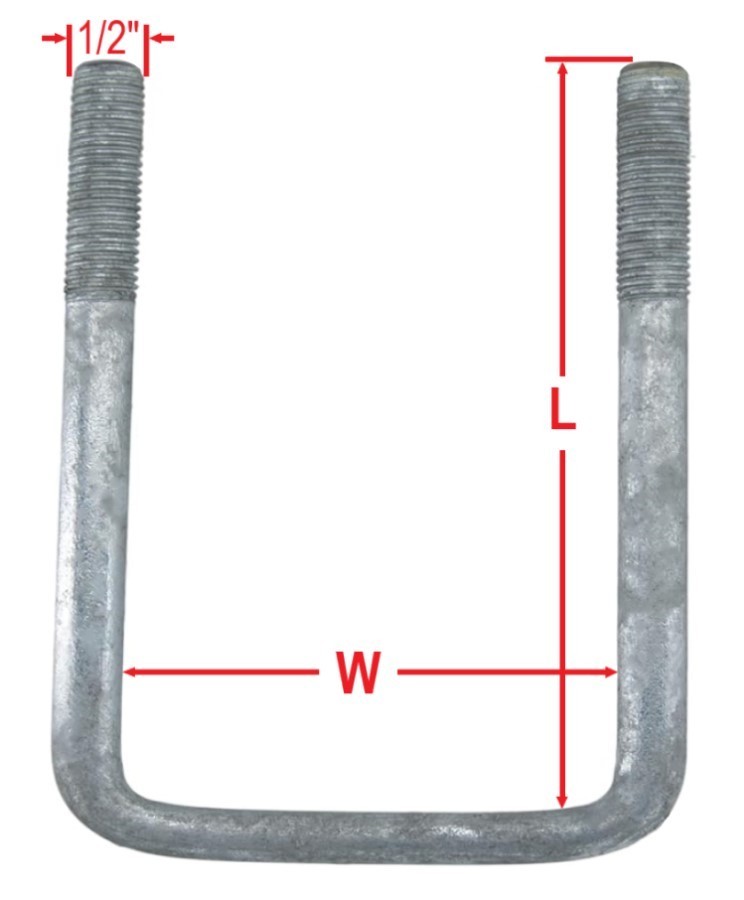 2-PK Square U-Bolts Galvanized. 1/2″ Diam. – Various Sizes