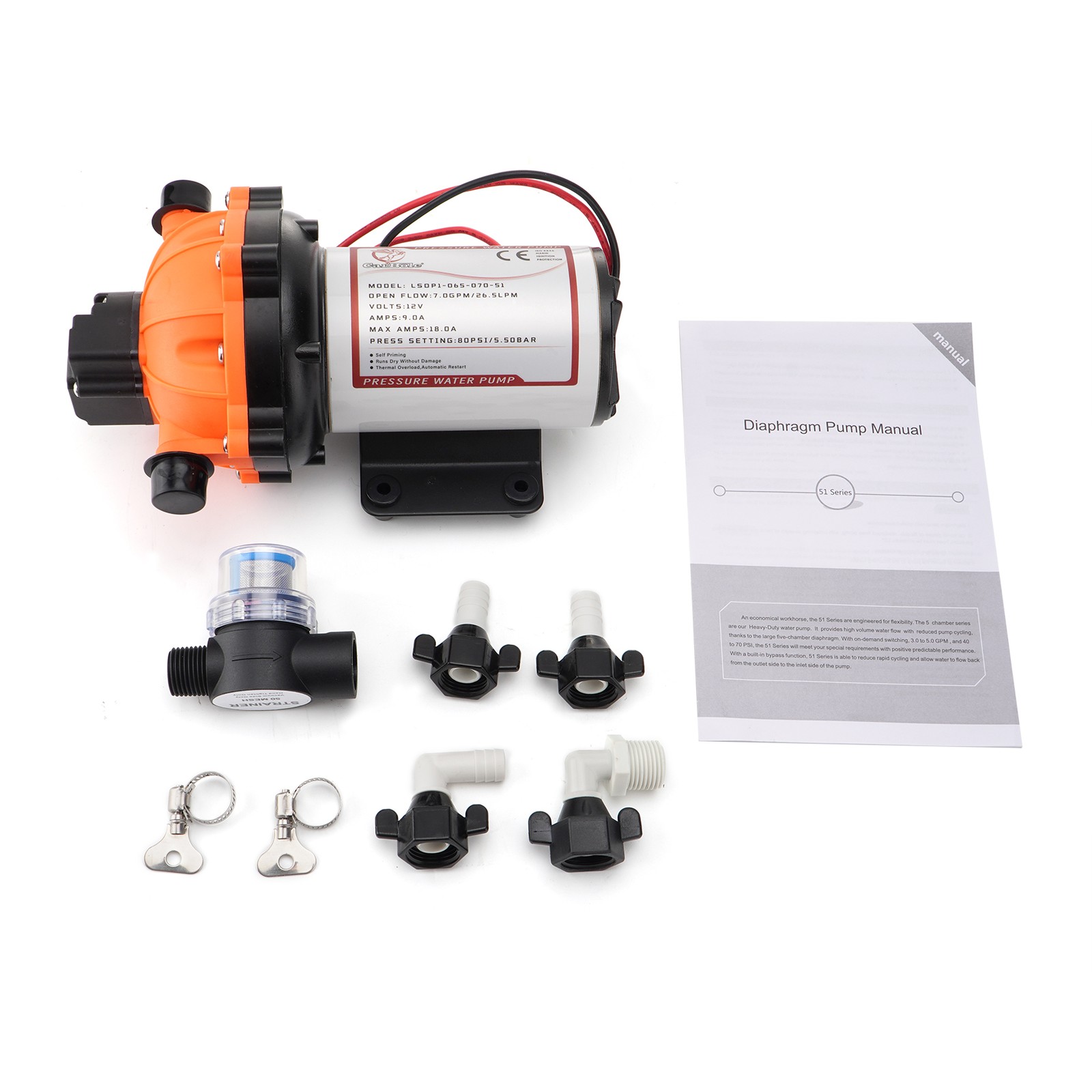 12V RV Water Pump 26.5L/MIN 80PSI Self-Priming Diaphragm Wash-Down Deck Caravan