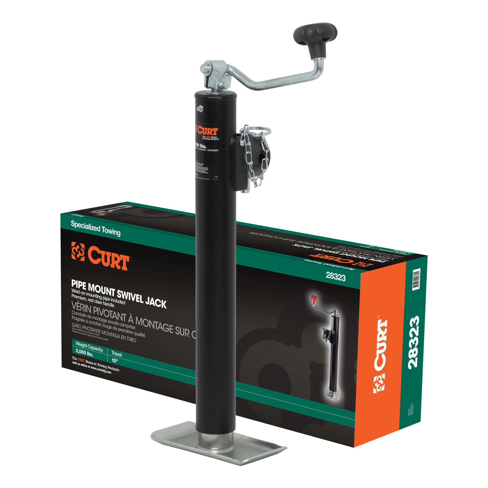 Pipe-Mount Swivel Trailer Jack with Top Handle 2K lbs, 15″ Travel 28323 CURT