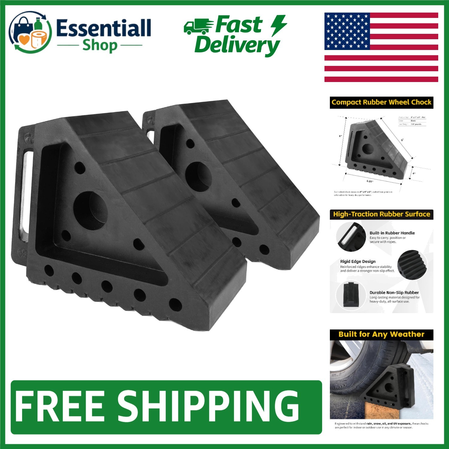 All-Weather Rubber Wheel Chock 2-Pack – 8″ x 4″ x 6″ | Built-In Handle Included