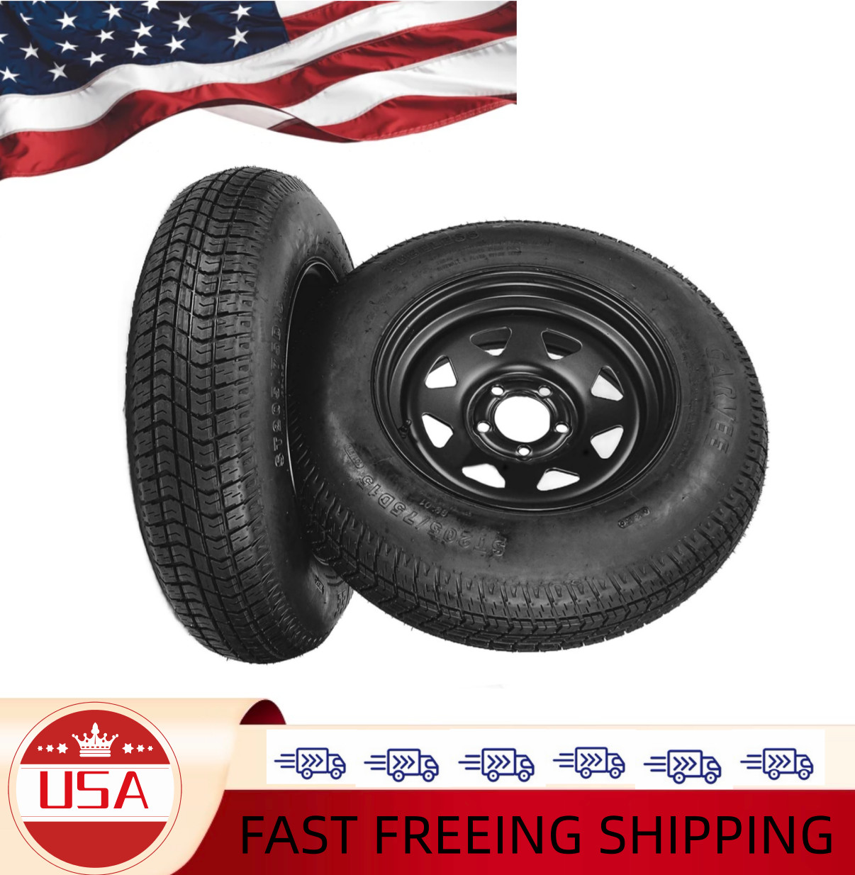 ST205/75D15 Heavy Duty Trailer Tires with Black Steel Rims 2-Pack, 6 Ply Load Ra