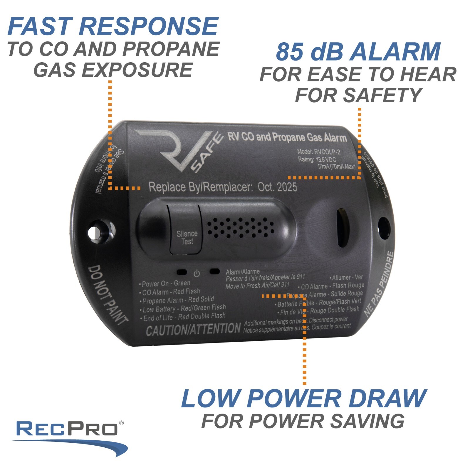RecPro RV LP Propane Gas Detector with CO Carbon Monoxide Alarm