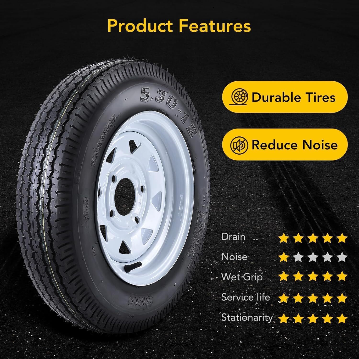 Set of 2 5.3-12 5.30×12 Trailer Tires with 12″ Rim 6PR 530-12 5.3-12 4 Lug on 4″