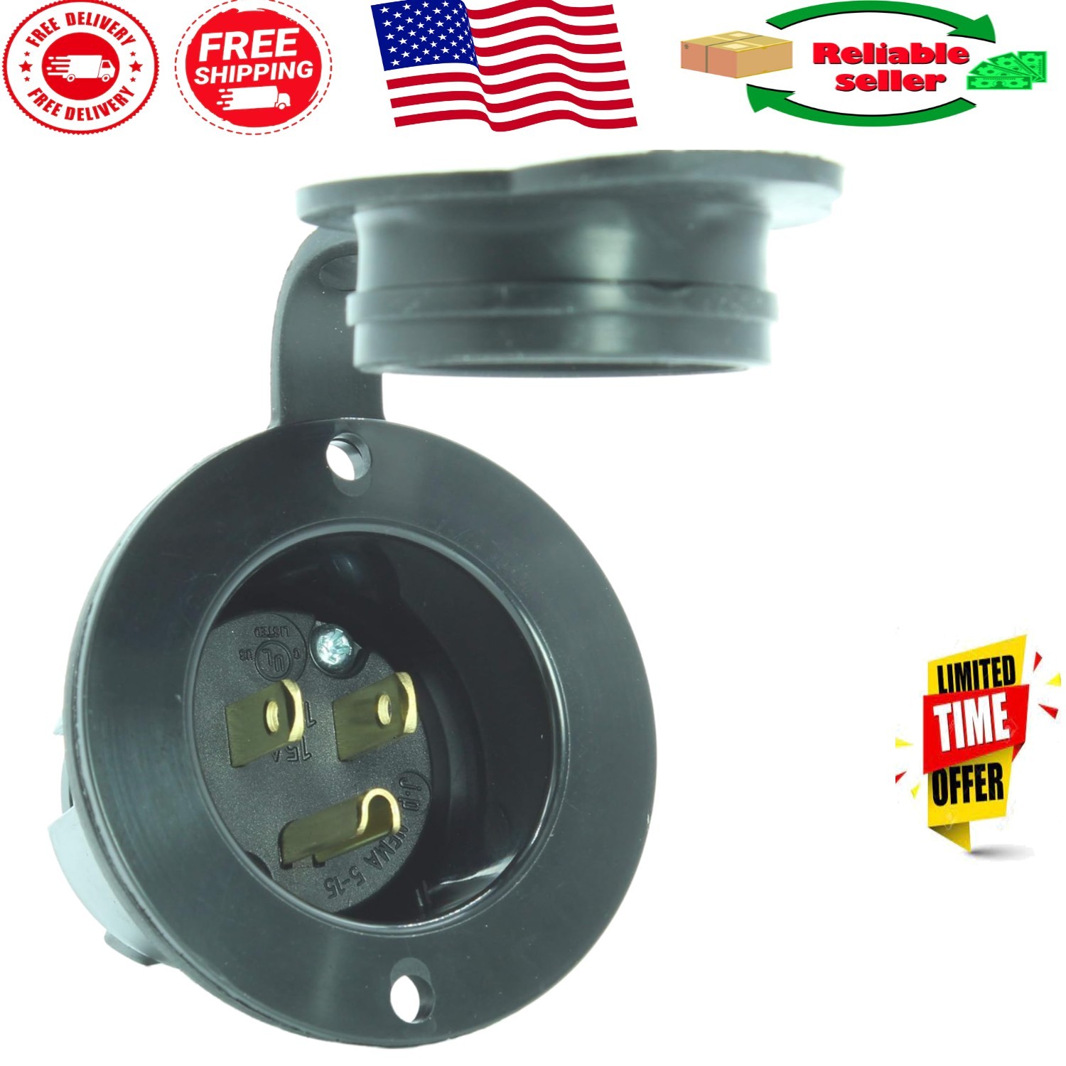 Reliable 15 Amp 125 Volt Flanged Inlet with Easy Install and Tough Nylon Cover