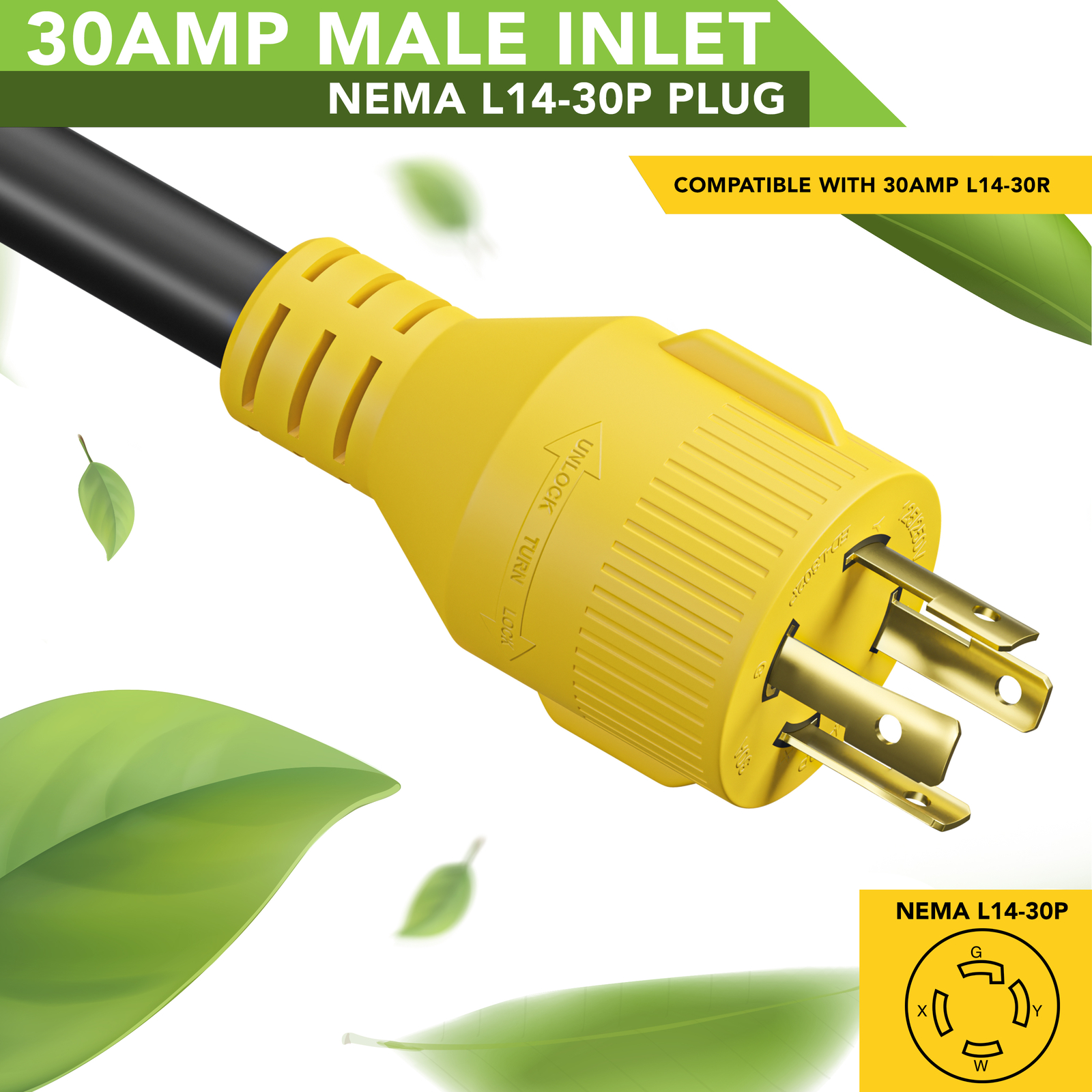 Generator Adapter Cord 4-Prong Twist Lock 30A L14-30 Male to RV 30A TT-30 Female