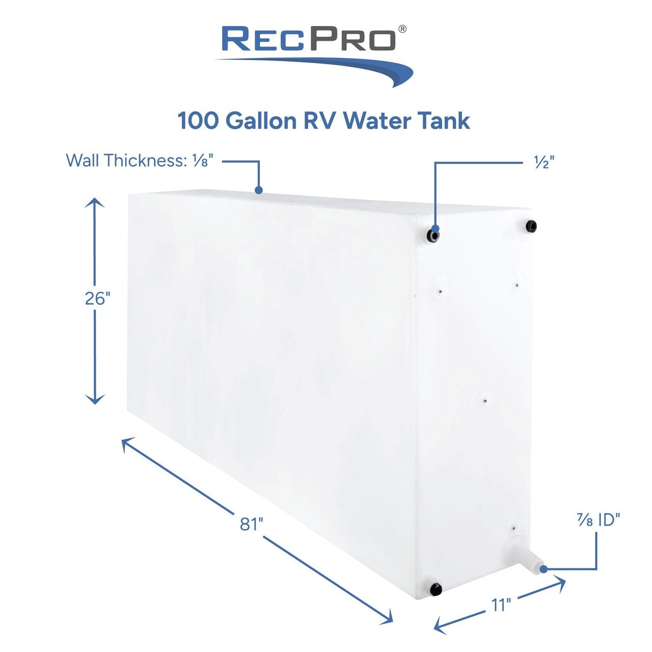 RV Fresh Or Gray Water Holding Tank 100 Gallon 26″ X 81″ X 11″