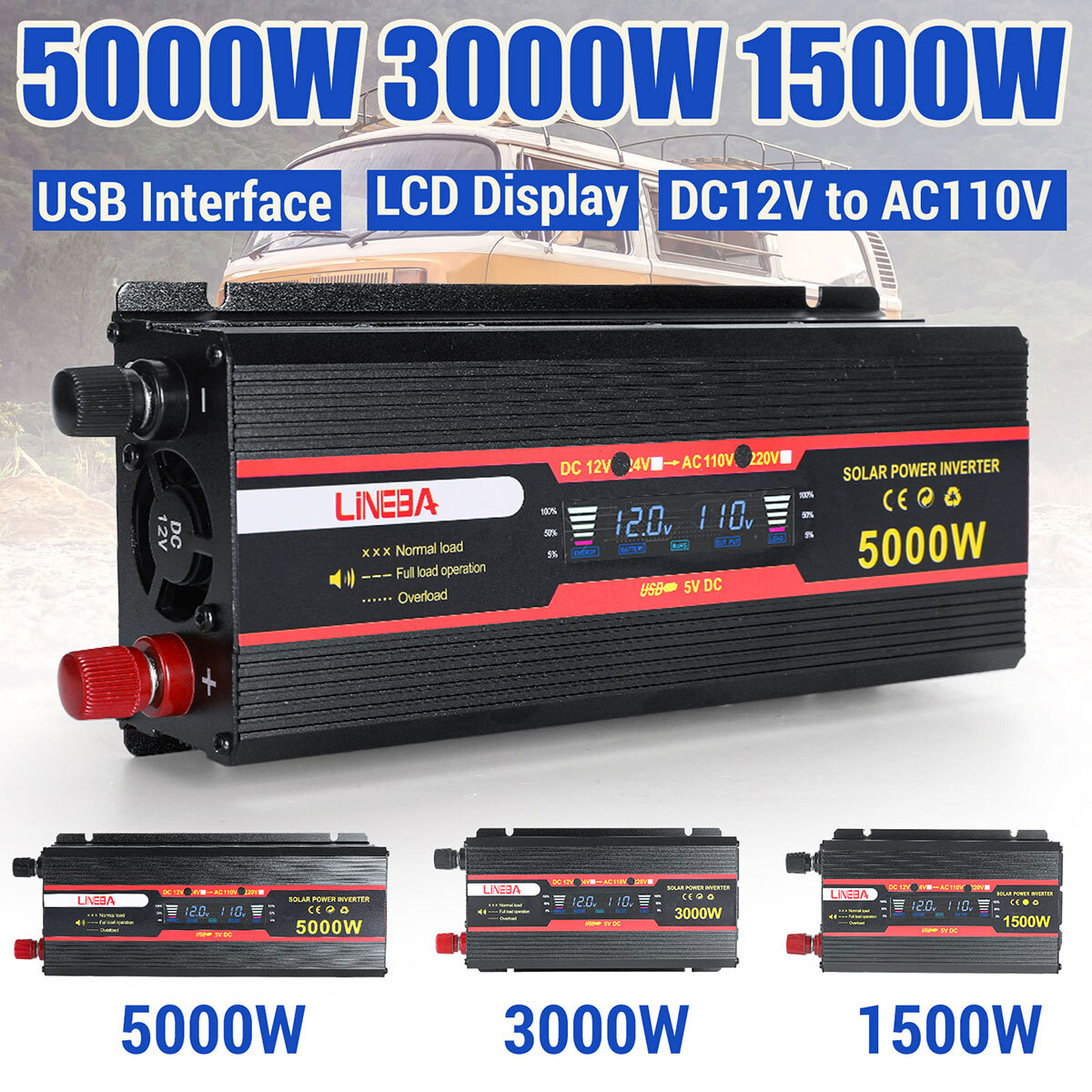 5000W 2500W 1500W Car Power Inverter DC 12V To AC 110V 120V Adapter Converter US