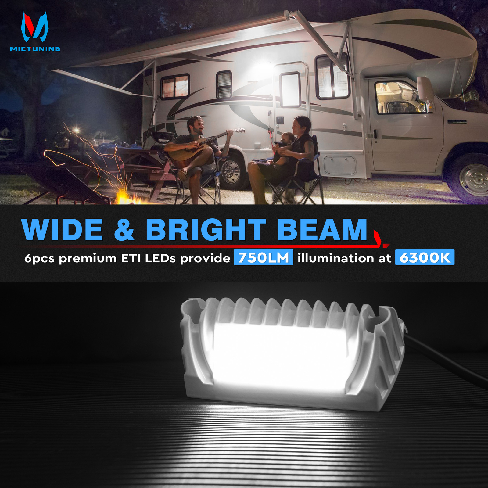 MICTUNING RV LED Porch Light, Camper Trailer Truck RV Exterior Lamp, 750LM White