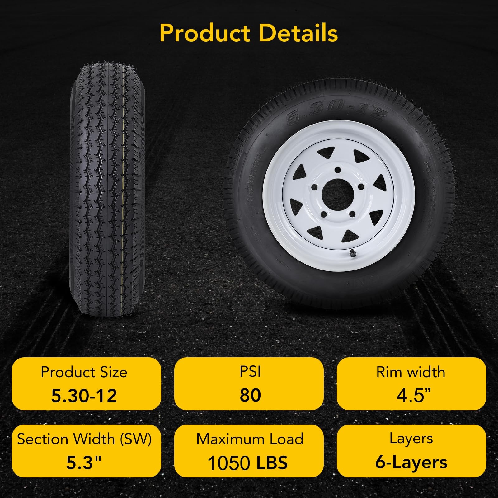 2Set 5.30-12 5.30×12 5.3-12 530-12 Trailer Tires with 12″ Rims 5 Lug on 4.5″ 6PR
