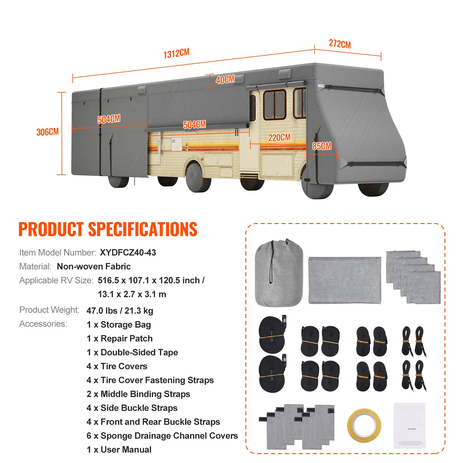 Uimoso Class A RV Cover Motorhome Cover 40-43 ft Non-woven Fabric Motorhome RV