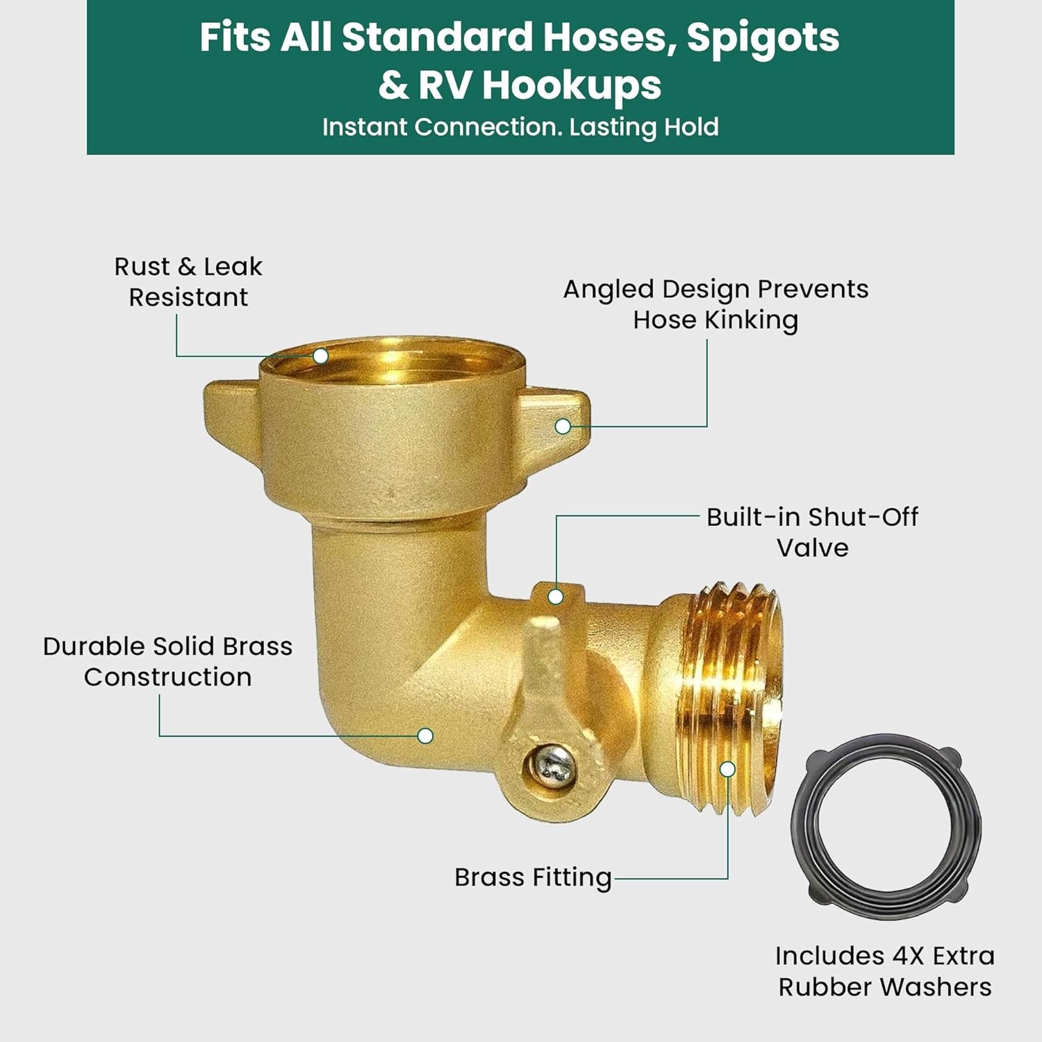 90° Brass Garden Hose Elbow with Shut-Off Valve, Heavy Duty 3/4″ GHT Right Angle