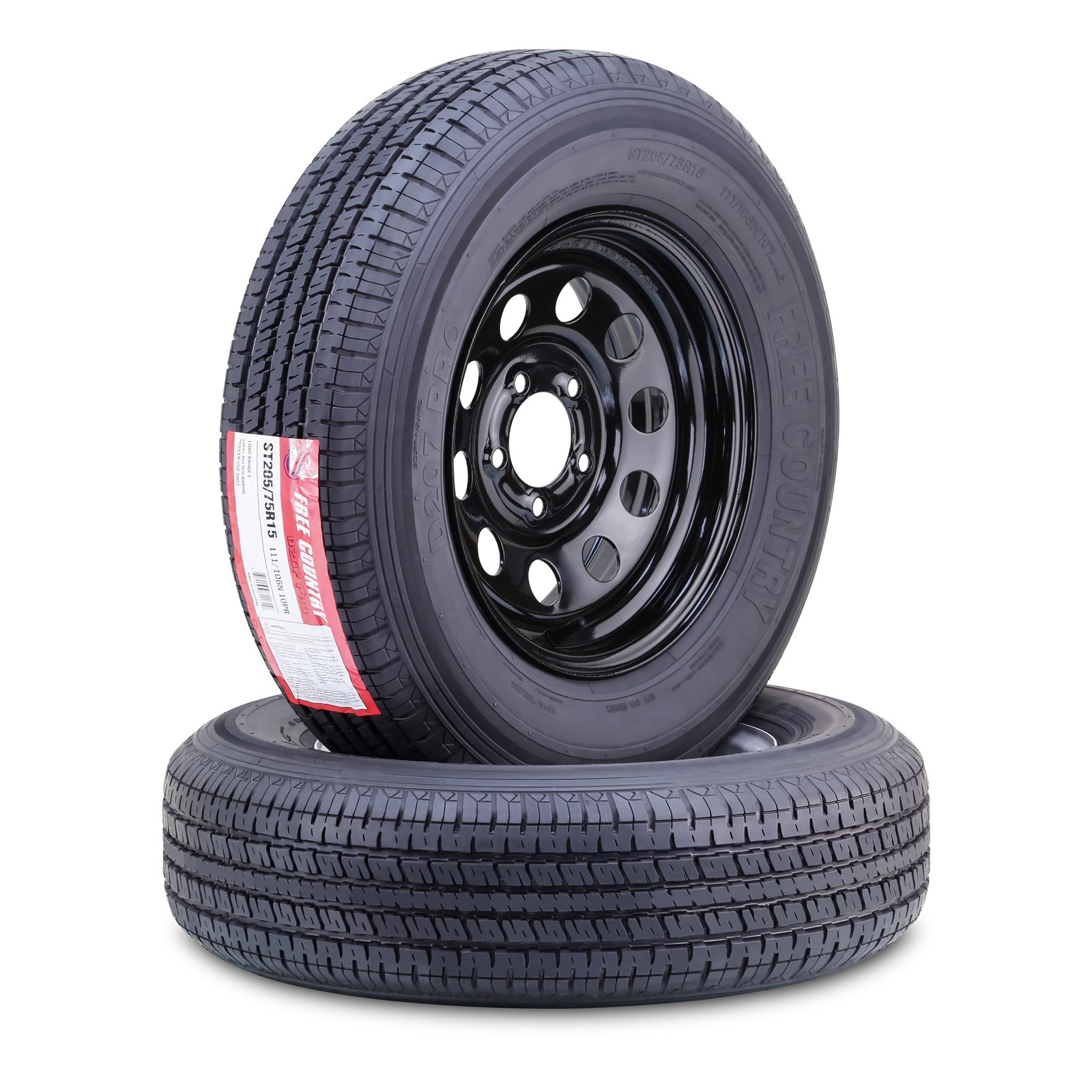 FREE COUNTRY Trailer Tire & Wheel ST205/75R15 10-Ply E w/5×5″ Black Mod Rim PK2