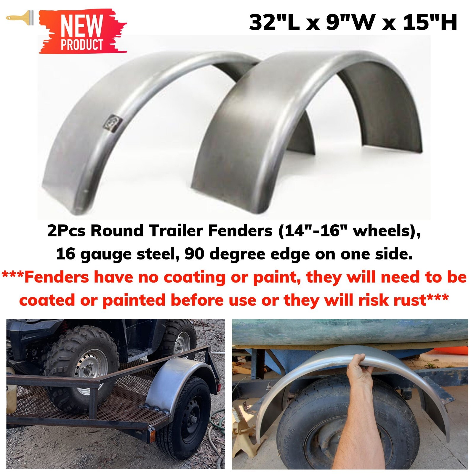 Replacement Round Single Axle Trailer Fenders for 14″-16″ Wheels Boat Trailer