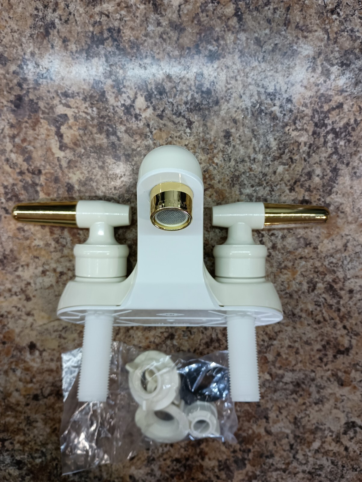 RV/Camper/Trailer – 4″ Lavatory Bathroom Faucet Plastic Off-White/Polished Brass