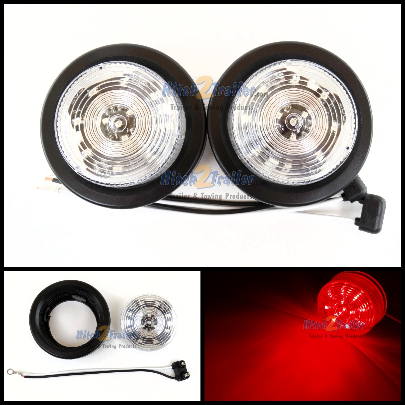 (2) CLEAR LENS / RED 12 LED Light Trailer 2-1/2″ round,Clearance marker 2.5″