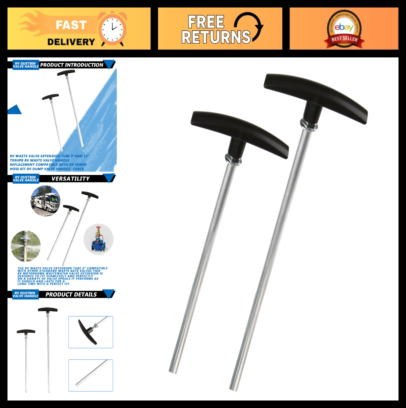 RV Waste Valve Tube Extension Kit 9″ & 12″ – Universal Fit, Dump Valve Handle &
