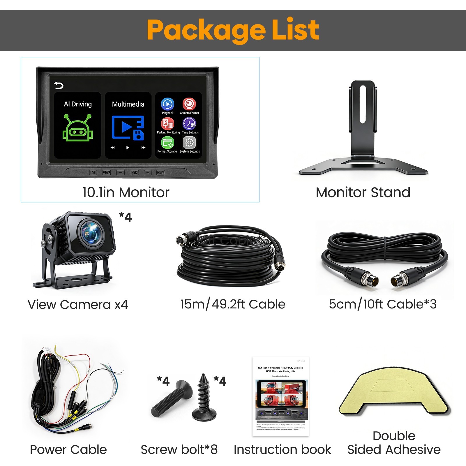 Quad RV Backup Camera System: 10.1″ Monitor 1080P Wired Rear View ADAS For Truck