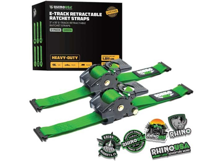 Rhino USA Retractable E-Track Ratchet Straps 2″x10′ 2-Pack Green