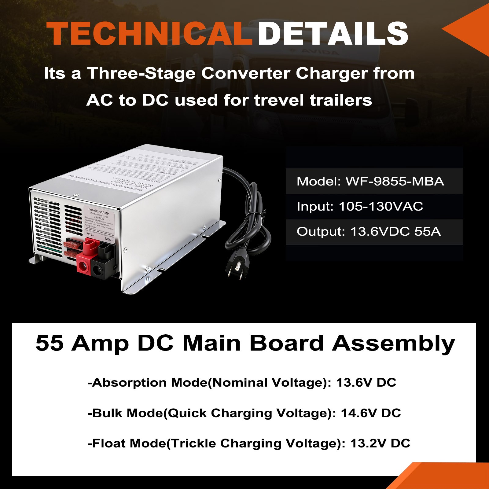 VLAND 55A Deck Mount Converter Charger | WF-9855 9800 Series | For RV Camper