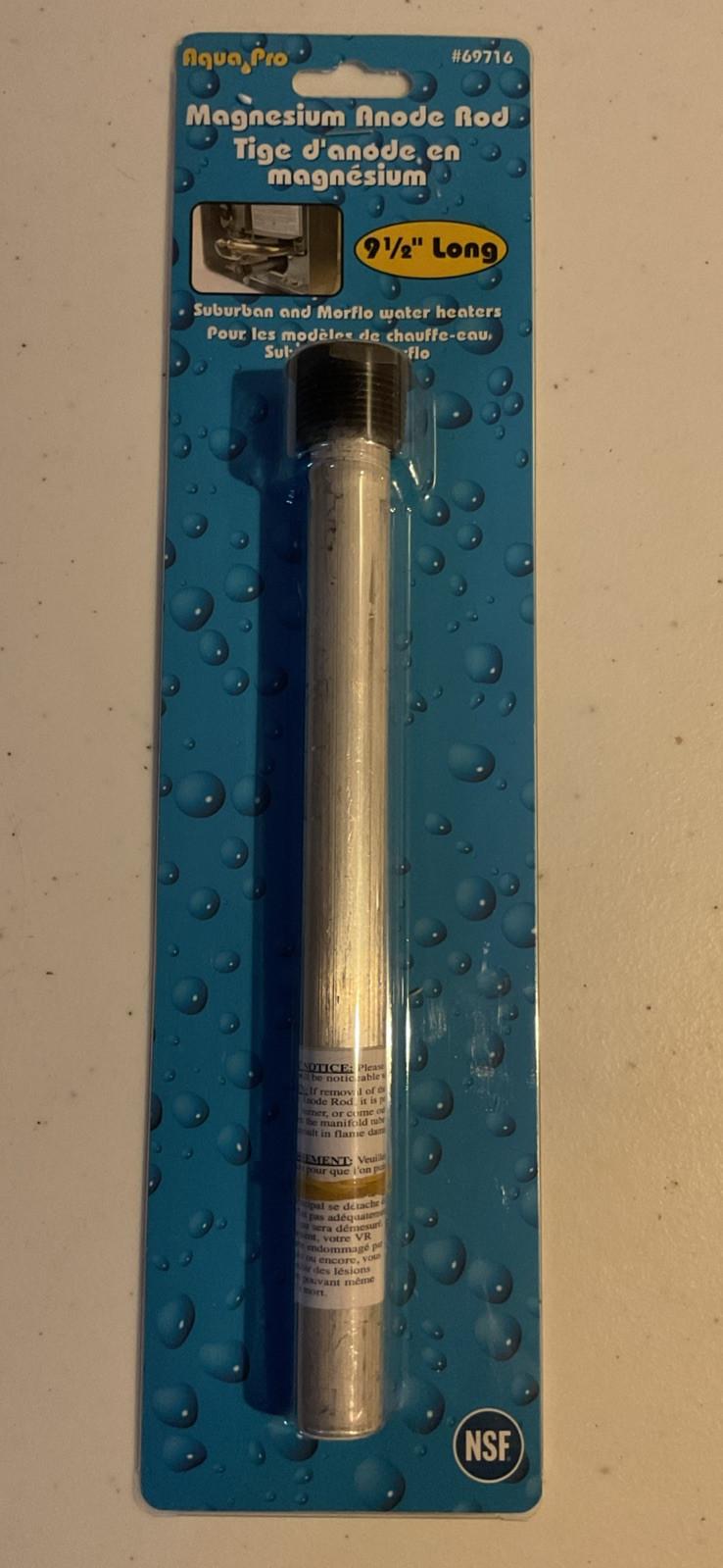 Aqua Pro 69716 Water Heater Anode Rod; 9-1/2 Inch Length; Magnesium; Lead Free