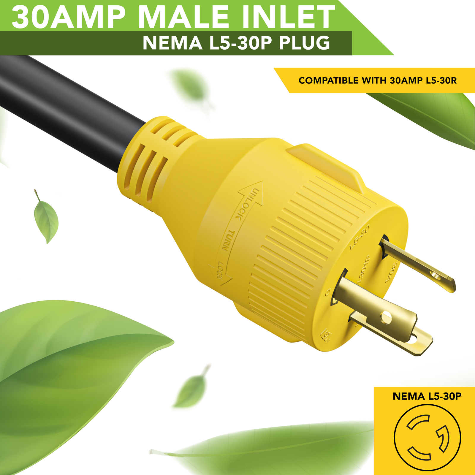 Generator Adapter Cord 3-Prong Twist Lock 30A L5-30P Male to RV 30A TT-30 Female