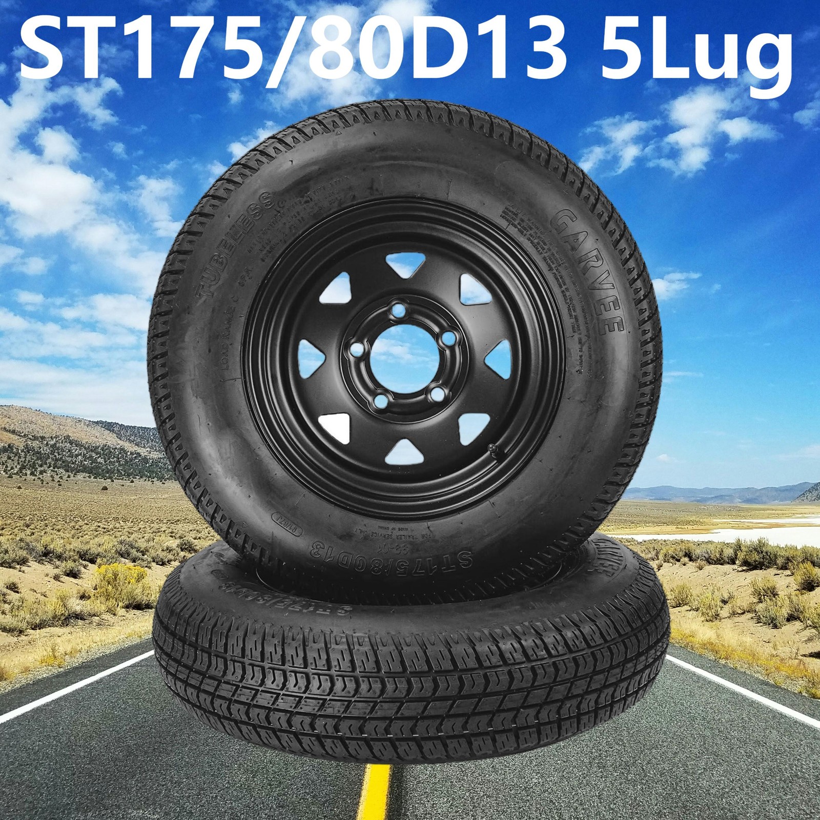 2 Pack ST175/80D13 Trailer Tires with 13″ Rims 175/80 D 13 5 Lug on 4.5 Black