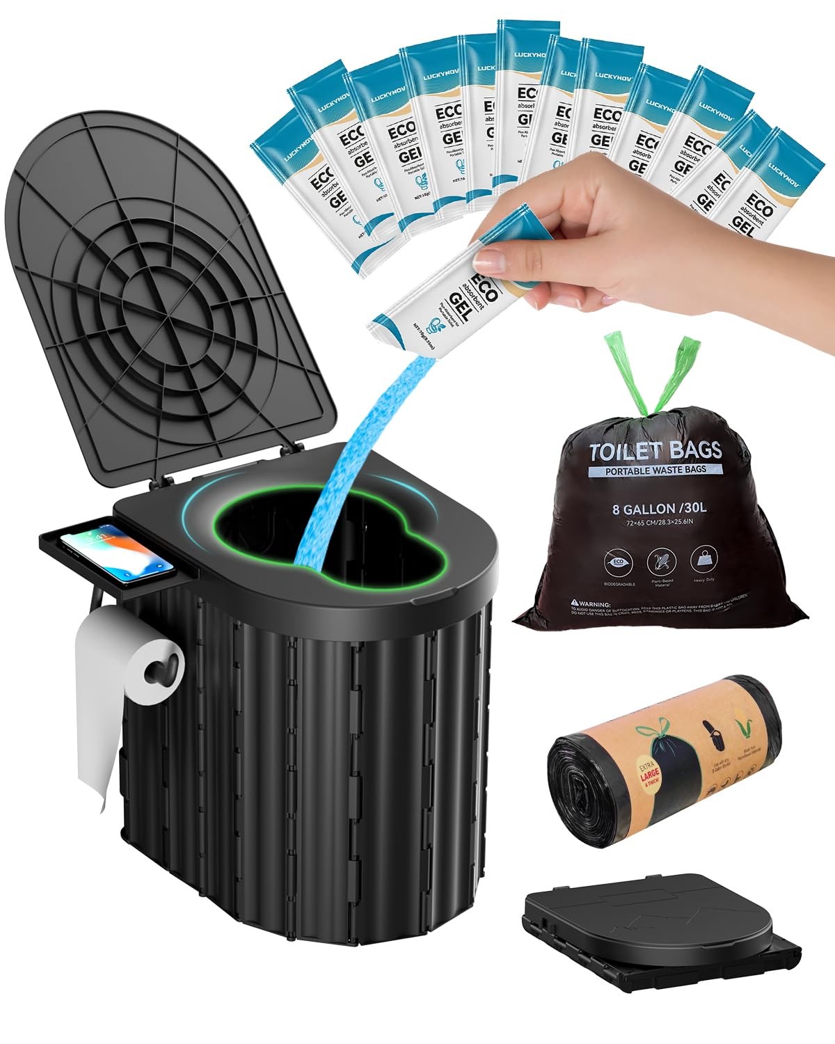 Portable Toilet with Urine Gel & Leak-Proof Black and Blue