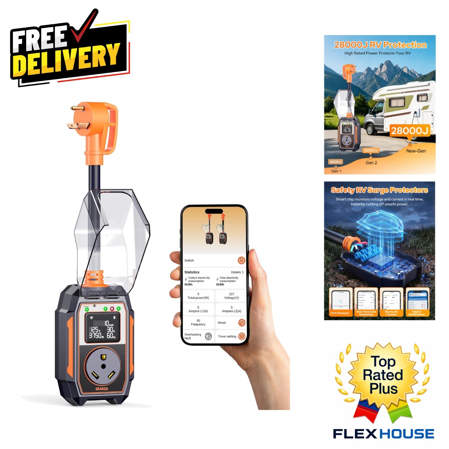 Waterproof 30 Amp RV Surge Protector with 28000 Joules Energy & Bluetooth