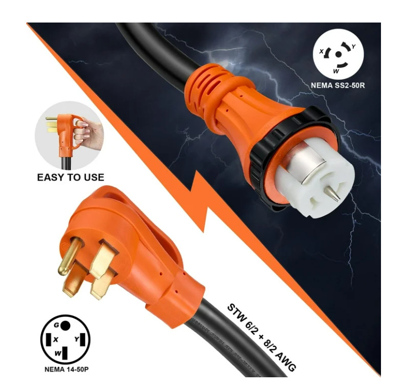 25 FT 50 Amp RV Extension Cord NEMA 14-50P to SS2-50R Waterproof Power Cord