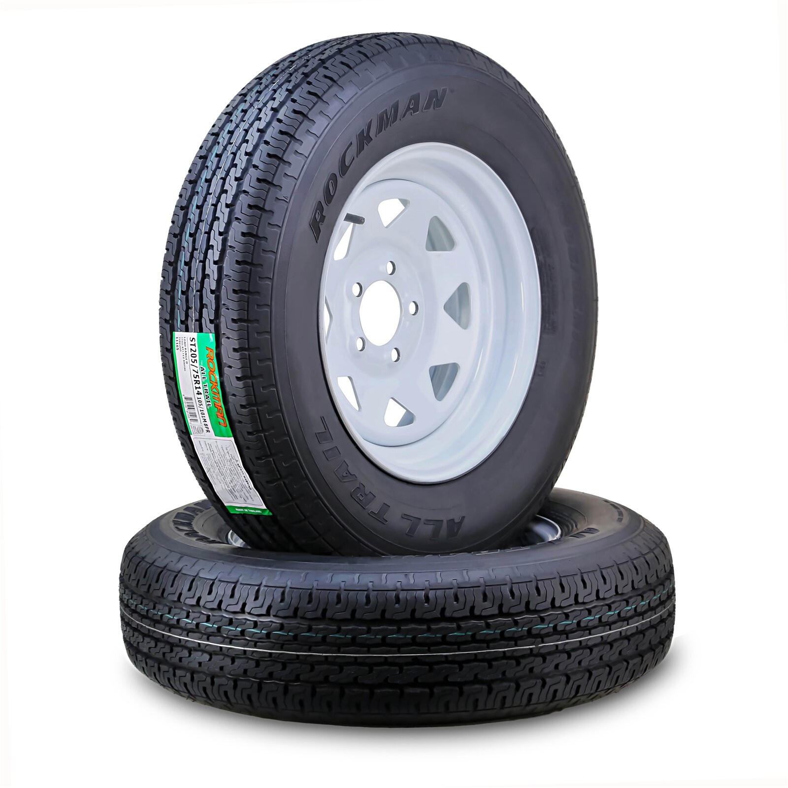 2 ROCKMAN Trailer Tire Rim ST205/75R14 8-Ply D 105M 5 Lug on 4.5″ White Spoke