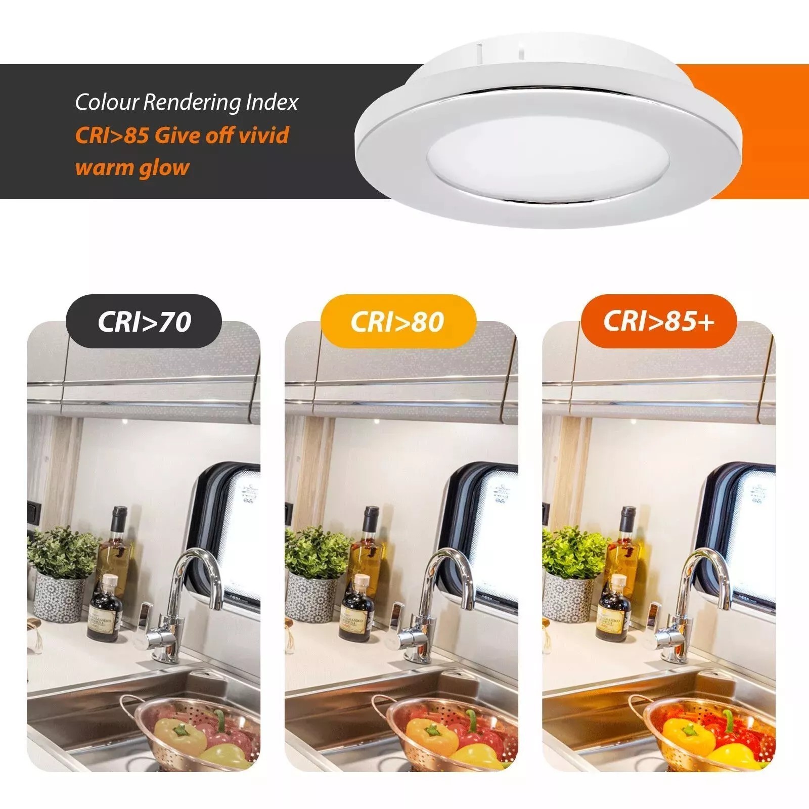 RV Interior LED Recessed Ceiling Light Chrome Shell Warm White 2.8″ 185lm 12v