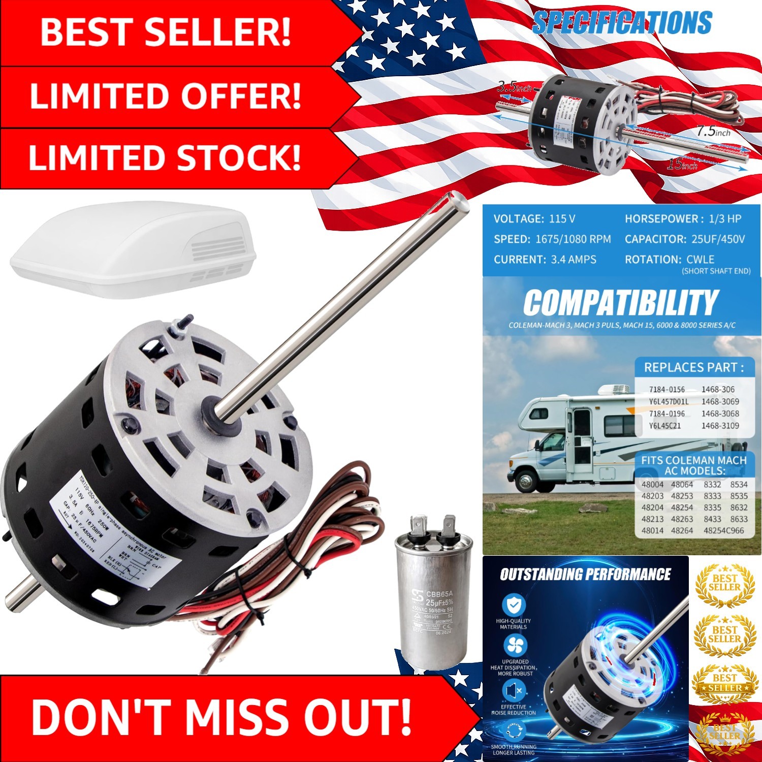 RV AC Fan Motor with Capacitor 1/3 HP 115V, Compatible with Coleman Mach Models