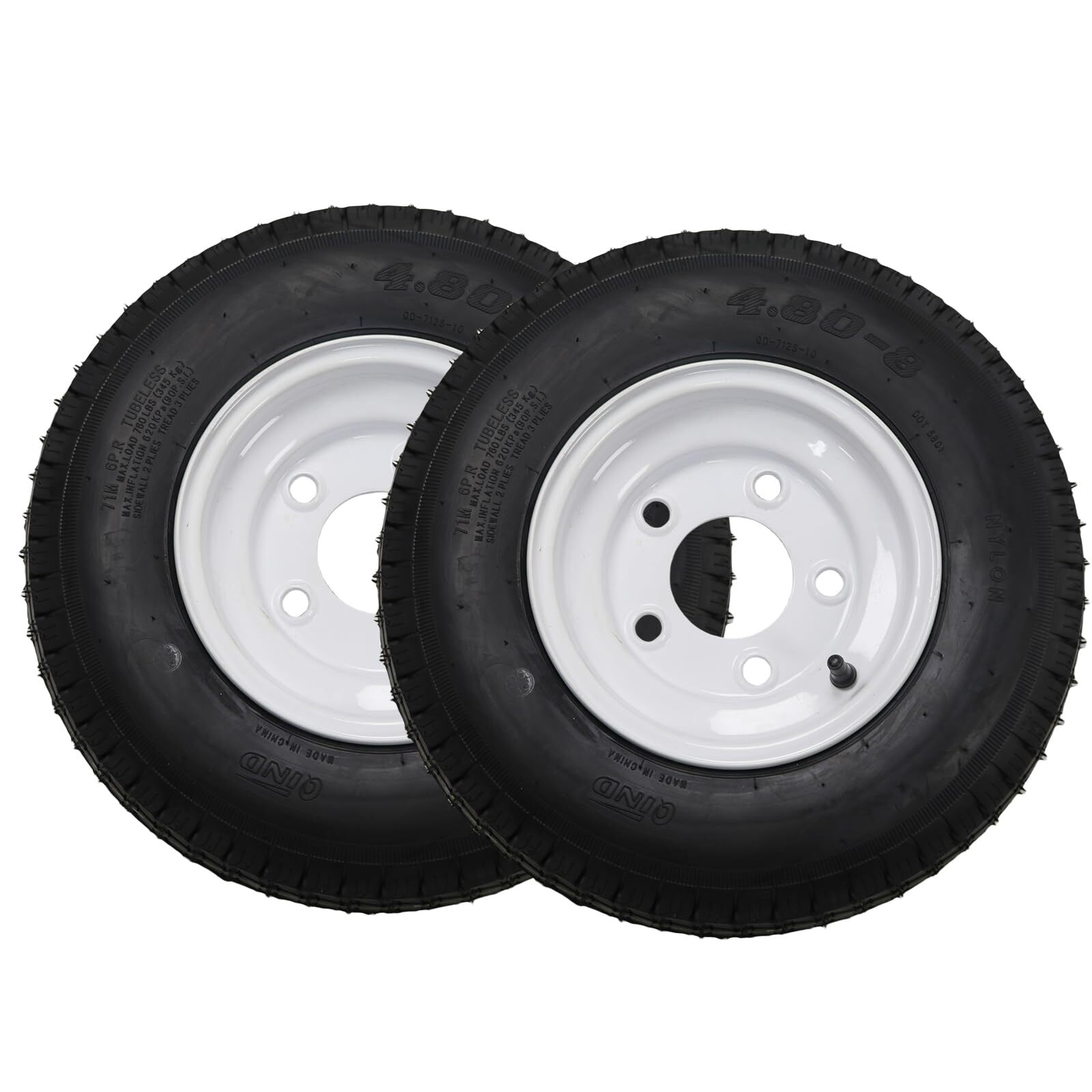 2 Set 4.80-8 4.80×8 480-8 Trailer Tires with Rims 5 Lug on 4.5″ and White Wheels