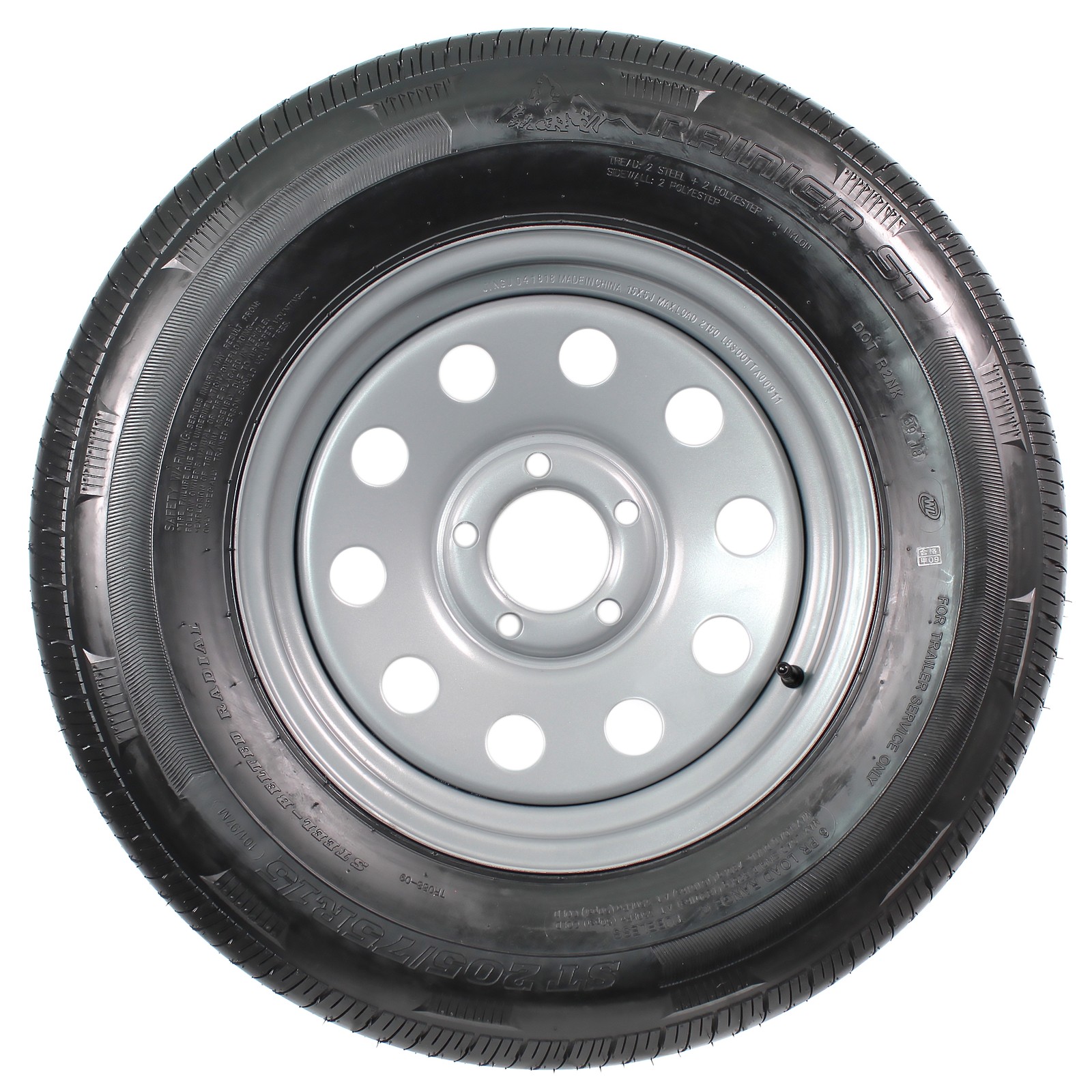 Radial Trailer Tire Rim ST205/75R15 205/75-15 15 Inch Load C 5 Lug Silver Wheel