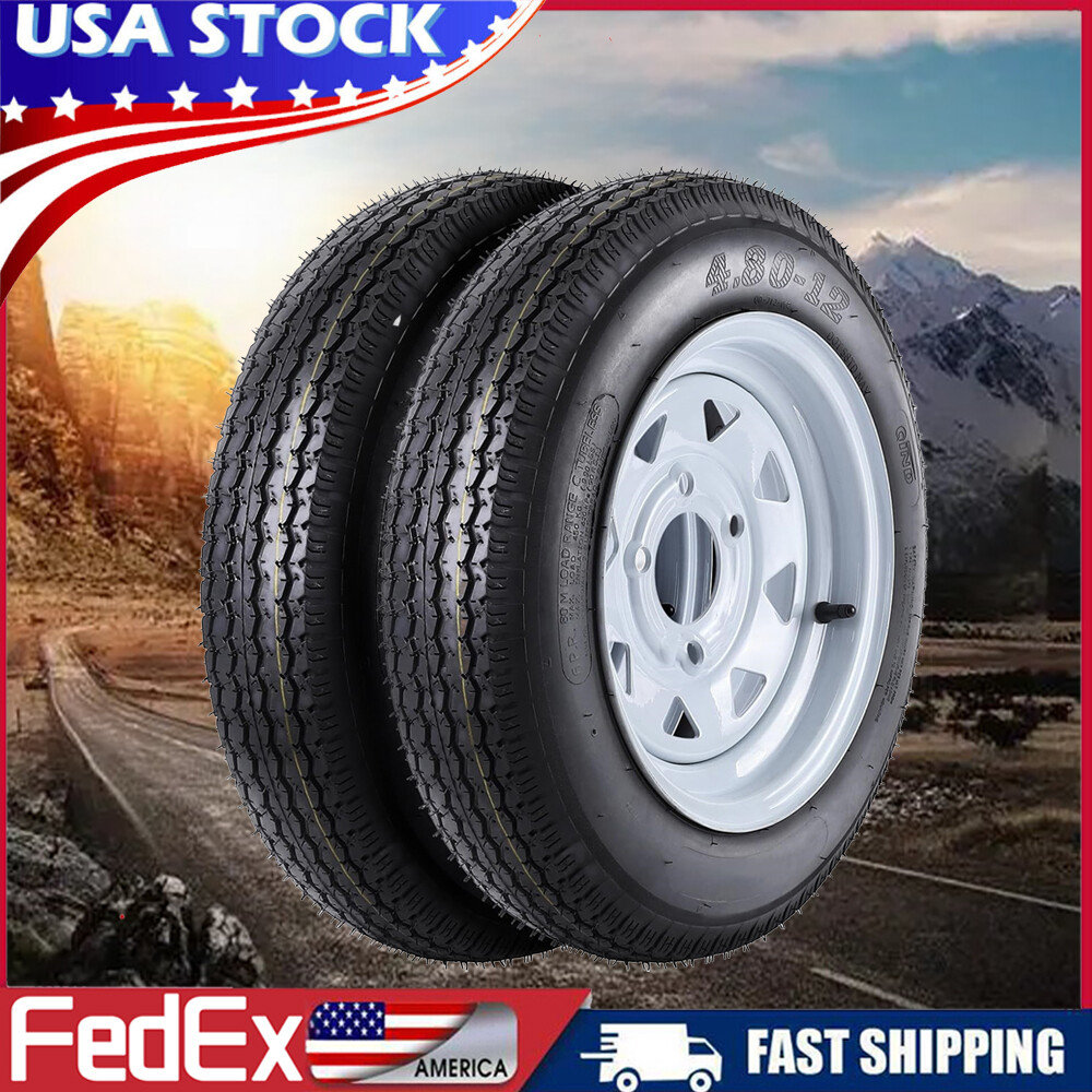 2 Pack 480-12 4.80×12 4.80-12 Trailer Tires and Rims, 4 Lug on 4”, 6PR, LR C