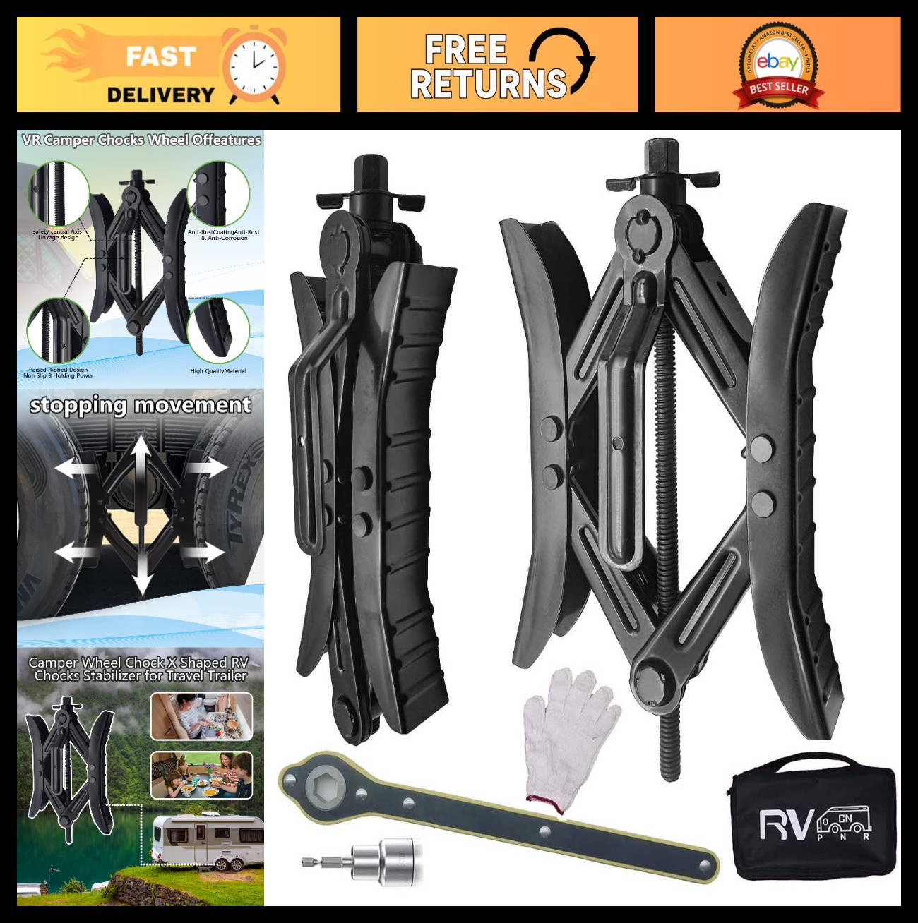 RV Wheel Chock Stabilizer Set – Tire Locking Scissor Chocks with Ratchet Tool Ki