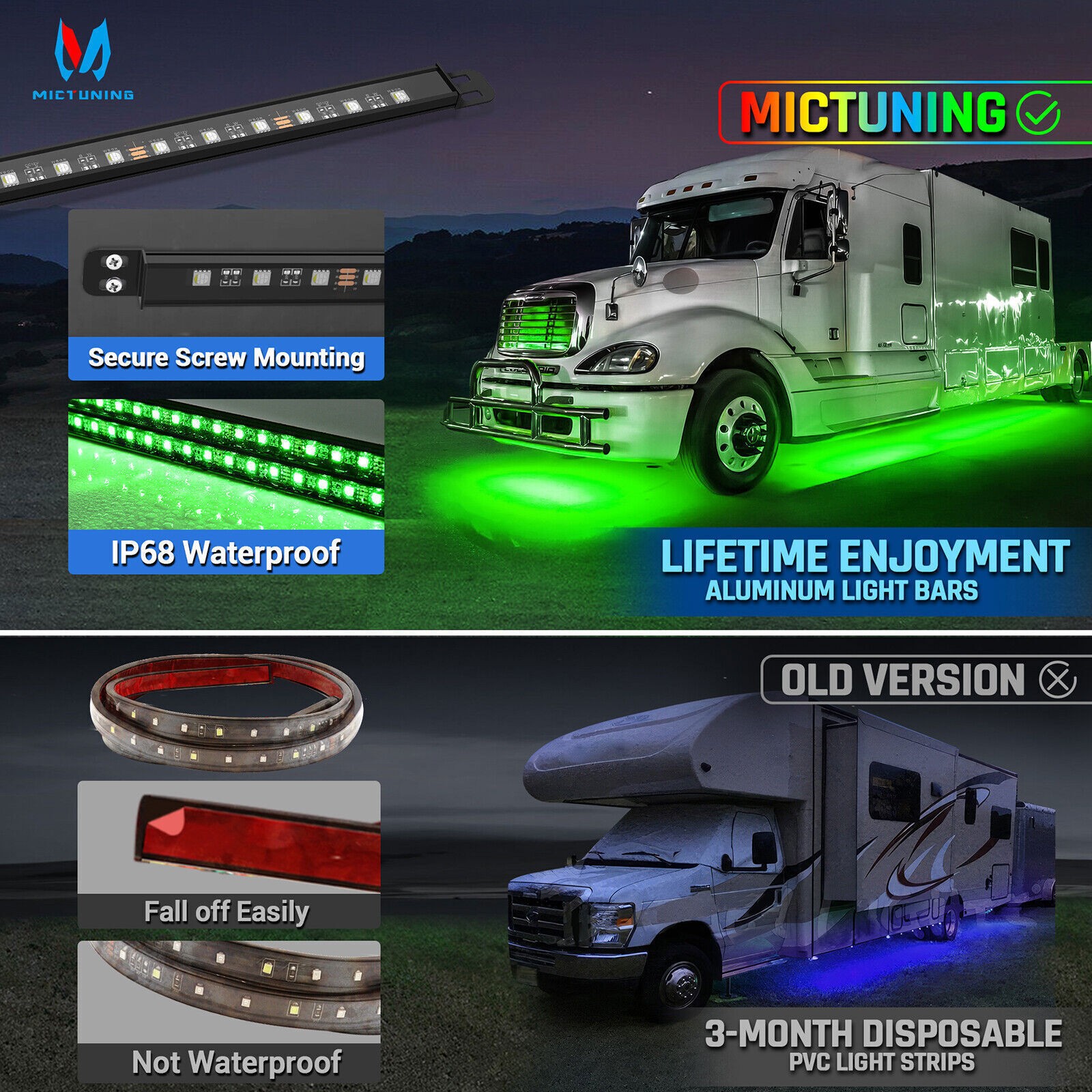 MICTUNING 8PCS RGBW Underglow Light Bars Neon Accent Underbody LED Light strip